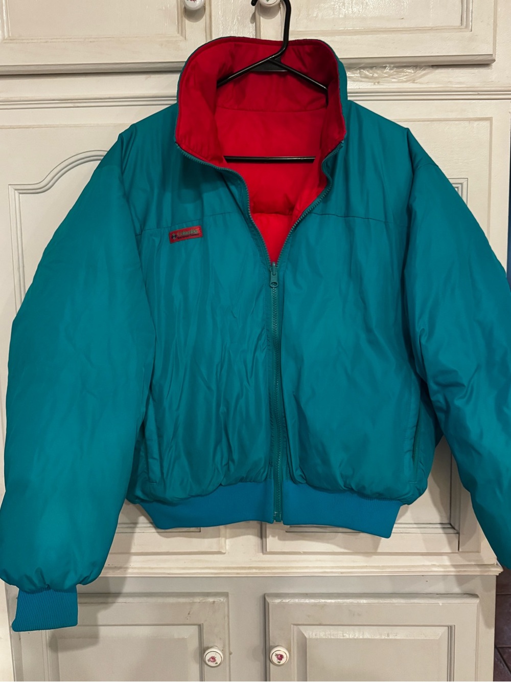 Vintage down filled Columbia Teal Jacket with reversible red lining Medium